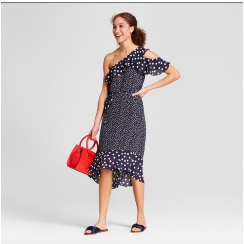 New Day Womens Polka Dot One Shoulder Midi Dress Navy
